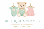 Children's clothing with a teddy bear design, including a onesie, romper, and dress, on hangers with 'Boutique Mohamed' branding.