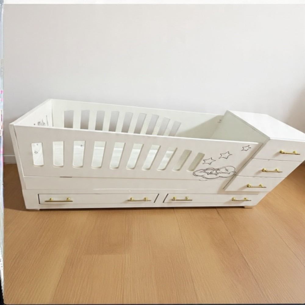 Lit Bébé Évolutif en Bois avec Rangement - Blanc 120x60cm